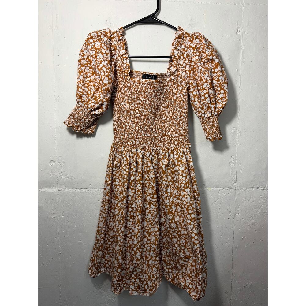 1.STATE Womens Size XS brown floral print mini dress puff sleeves smocked bodice